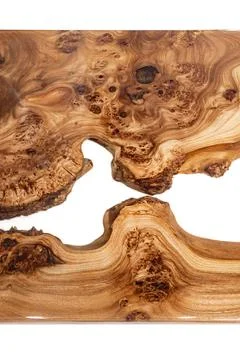 Live edge elm burl slab table top with central epoxy resin river Foto stock