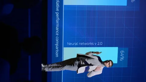 Live Event Stage: Speaker Presents New Product, Screen SHows Neural Networks Stock Footage 122814749