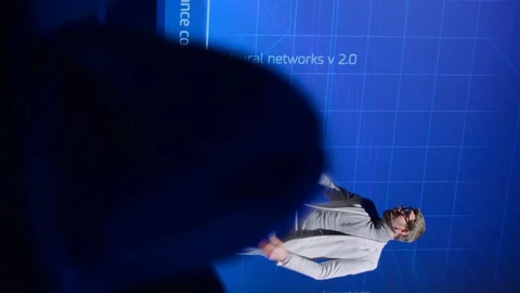 Live Event Stage: Speaker Presents New Product, Screen SHows Neural Networks Stock Footage 122814771