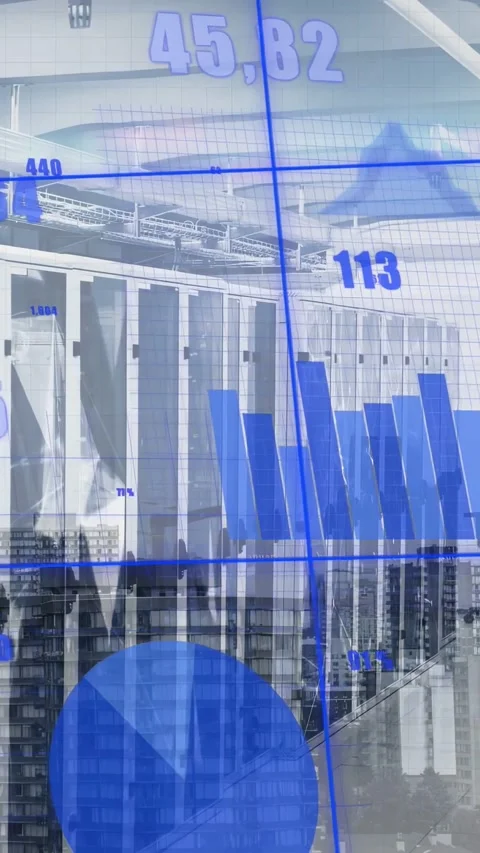 Live feed driving blue overlay over facade, updating numbers, growing bar and Stock Footage 332775177