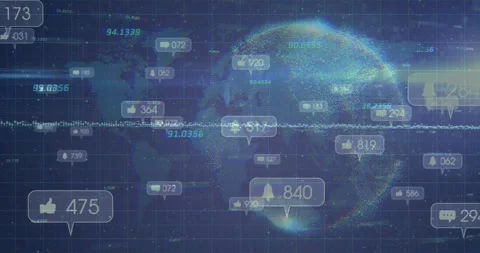 Live feed starting, particle globe spinning, alerts popping, counts rising, tech Stock Footage 330602336