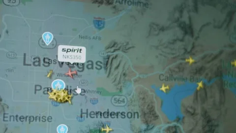 Live Flight Tracker Map on computer screen. Location of aircrafts over Las Vegas Stock Footage 272622802