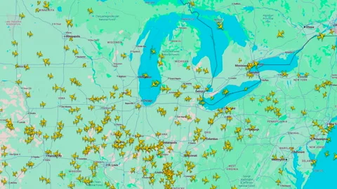 Live Flight Tracking Map Across Midwest and Great Lakes Region Stock Footage 346280857