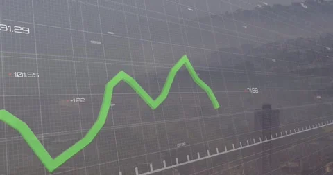 Live market data feed driving green jagged plot on transparent grid display, Video stock 331198109
