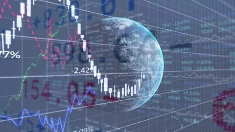 On live market update, 3D globe rotating while candles falling then rising, Stock Footage 334466261