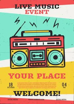 Live Music Event vector flyer with retro record player. Musical poster Stock Illustration