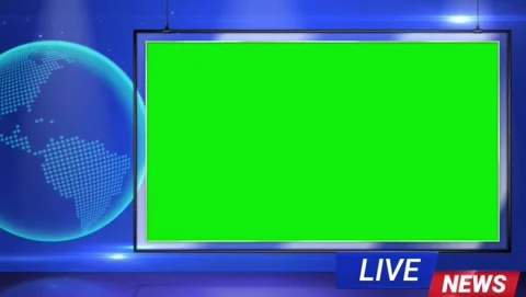 Live news studio background with green screen monitor and rotating globe Vídeos de archivo 343799593