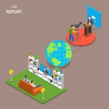 Live report isometric flat vector concept. Stock Illustration