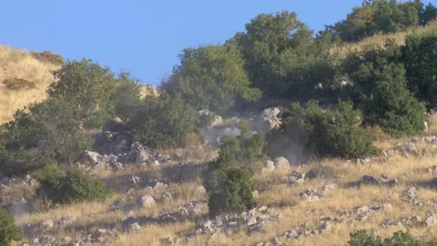 Live rounds munitions Hitting and exploding on Hill Stock Footage 137555022