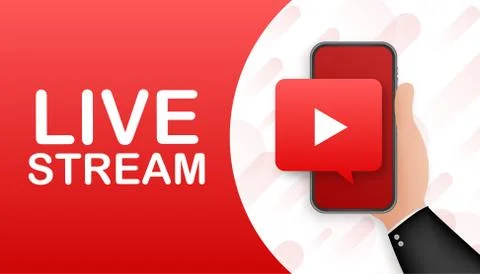 Live stream flat logo - red vector design element with play button. Vector Stock Illustration