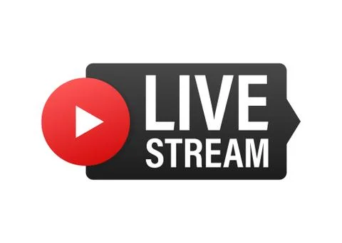 Live stream flat logo - red vector design element with play button. Vector Stock Illustration