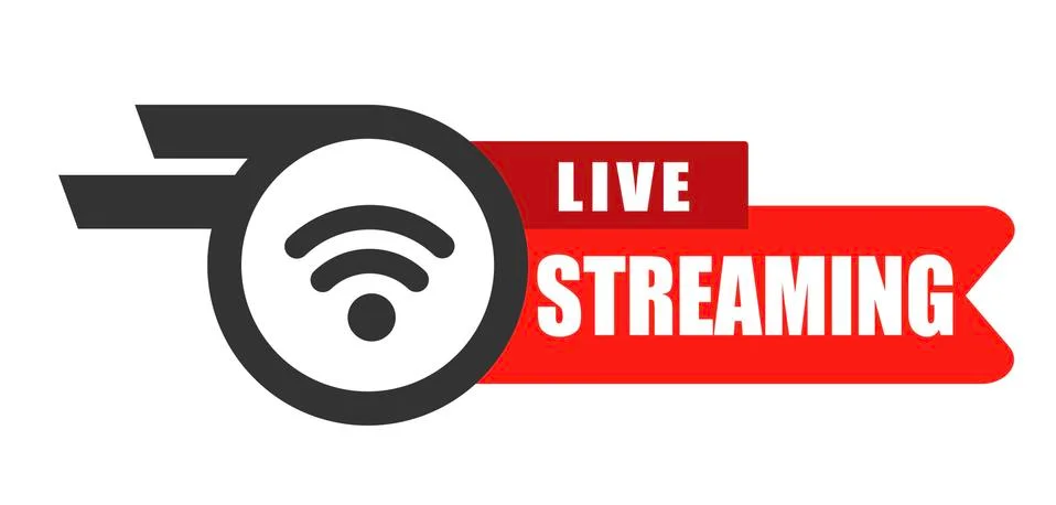 Live stream flat logo - red vector design element with play button. Vector Stock Illustration