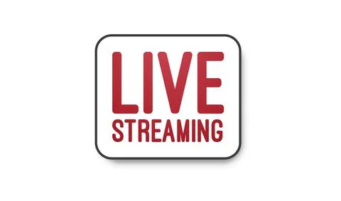 Live stream flat logo - red vector design element with play button. Stock Illustration