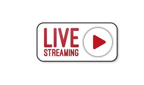 Live stream flat logo - red vector design element with play button. Stock Illustration