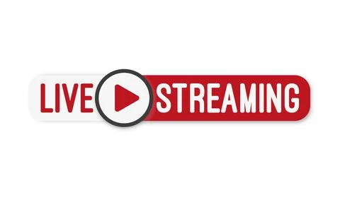 Live stream flat logo - red vector design element with play button. Stock Illustration