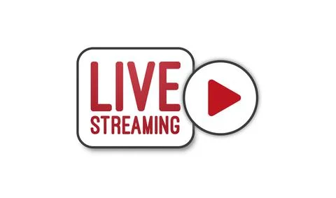 Live stream flat logo - red vector design element with play button. Illustrazione stock