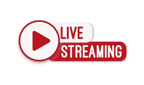 Live stream flat logo - red vector design element with play button. Stock Illustration