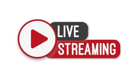 Live stream flat logo - red vector design element with play button. Stock Illustration
