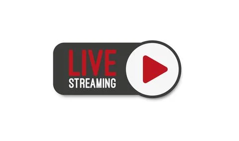 Live stream flat logo - red vector design element with play button. Illustrazione stock