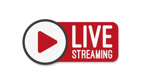 Live stream flat logo - red vector design element with play button. Stock Illustration