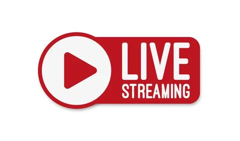 Live stream flat logo - red vector design element with play button. Stock Illustration