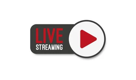 Live stream flat logo - red vector design element with play button. Illustrazione stock