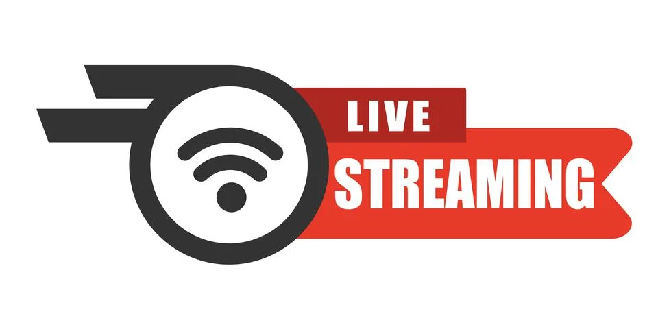 Live stream flat logo - red vector design element with play button. Vector Stock Illustration