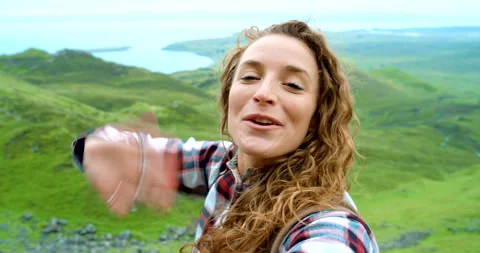 Live stream, hiking and face of woman in mountain with travel blog, adventure Stock Footage 263424483