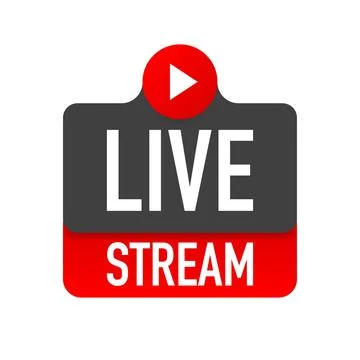 Live stream logo - red design element with play button for news and TV or onl Illustrazione stock
