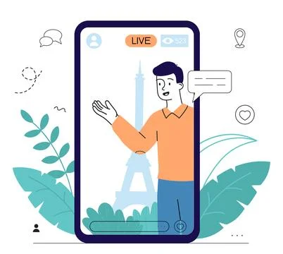 Live stream man. Young guy on smartphone screen with Eiffel Tower. Travel and イラスト素材