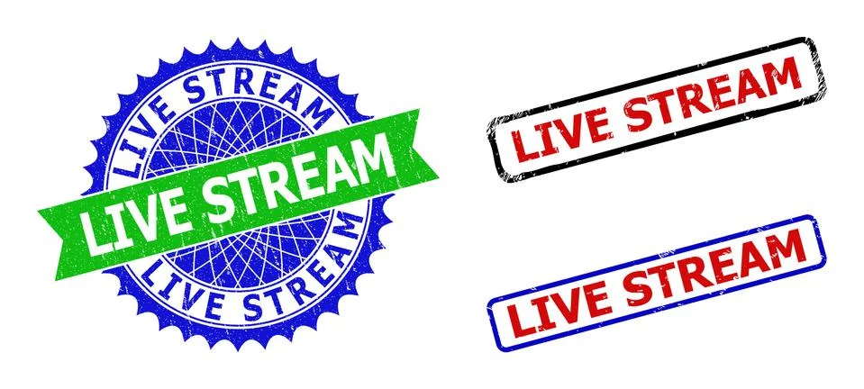 LIVE STREAM Rosette and Rectangle Bicolor Watermarks with Scratched Textures Stock Illustration