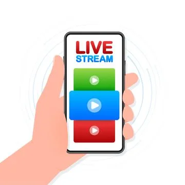 Live stream with smartphone - red vector design element with play button for Illustrazione stock