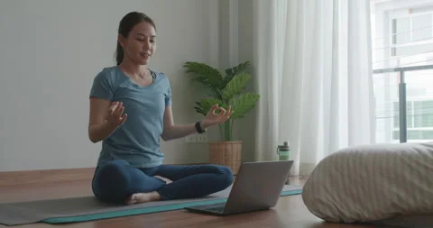 Live stream virtual yoga video online learn on social media network. Stock Footage 159952334