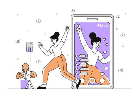 Live stream woman vector linear Stock Illustration