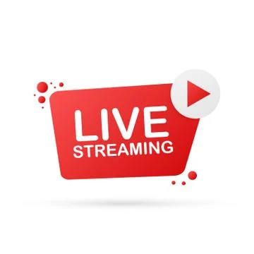 Live streaming flat logo - red vector design element with play button. Vector Stock Illustration