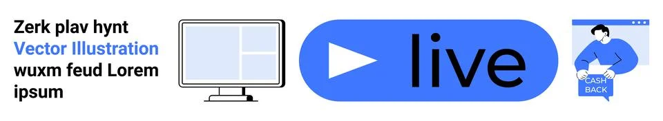 Live streaming icon with play button, computer screen, and figure on webpage. Stock Illustration