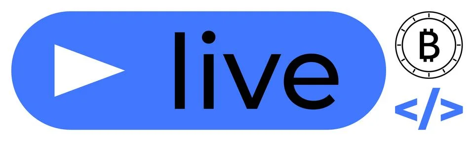 Live Streaming Icon with Play Button, Bitcoin Symbol, and Code Brackets in .. Stock Illustration