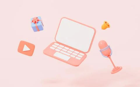 Live streaming with laptop on the pink background, 3d rendering. Stock Illustration