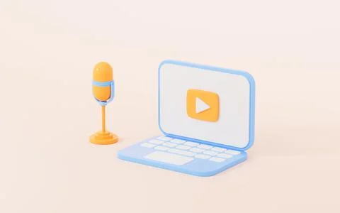 Live streaming with laptop on the yellow background, 3d rendering. Stock Illustration
