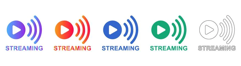 Live Streaming Play Button Icons in Five Variations Stock Illustration