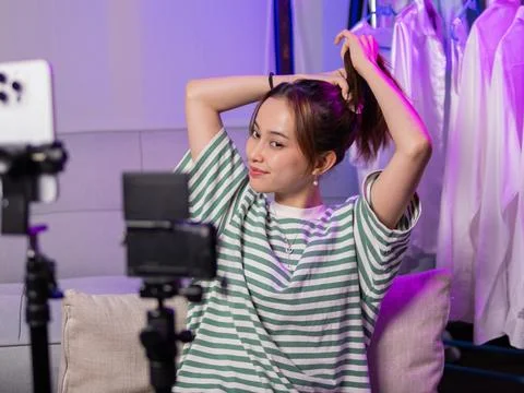Live streaming session home studio video content cozy environment engaging Stock Photos