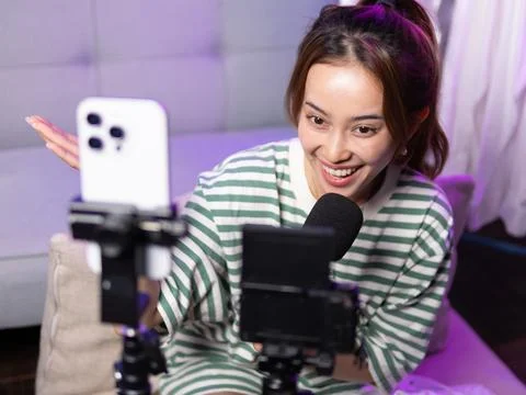 Live streaming session home studio digital content creation cozy environment Stock Photos