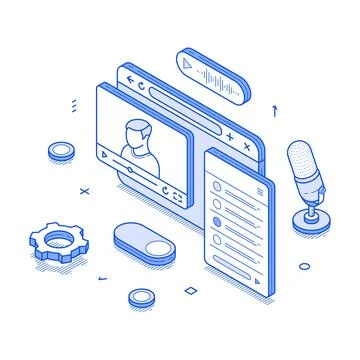 Live streaming setup with isometric design. It features a video interface, mi 스톡 일러스트