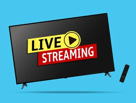 Live streaming smart tv levitation on blue background with remote control Stock Illustration