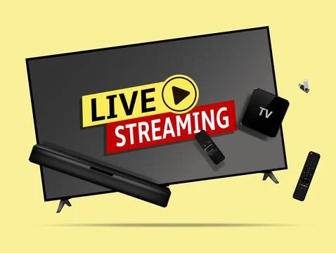 Live streaming smart tv, remote control, soundbar, tv set-top box and flash d Illustrazione stock