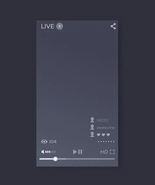 LIVE streaming video player interface, mobile app, vector ui, vertical orient Stock Illustration