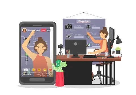 Live streaming video training, vector flat illustration 스톡 일러스트