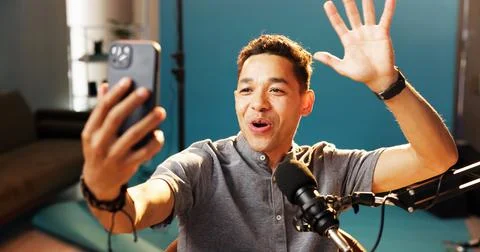 Live streaming, vlog and man with microphone with digital podcast for tech Stock Photos