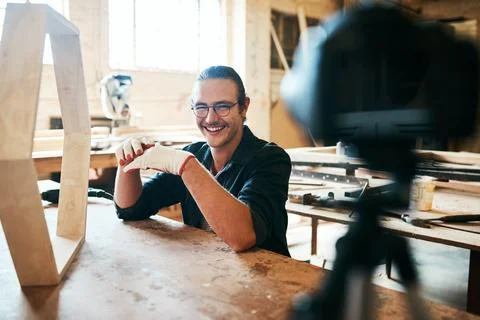 Live streaming, web workshop and design tutorial with wood for furniture Stock Photos