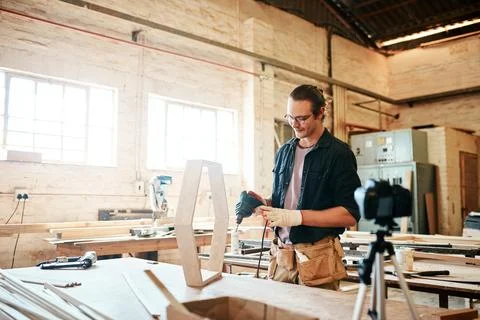 Live streaming, workshop and builder tutorial with wood for furniture building Stock Photos